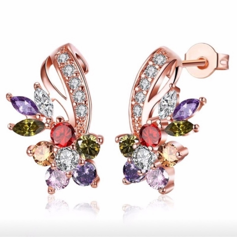 Rose Gold Leaf Earrings with Gemstones